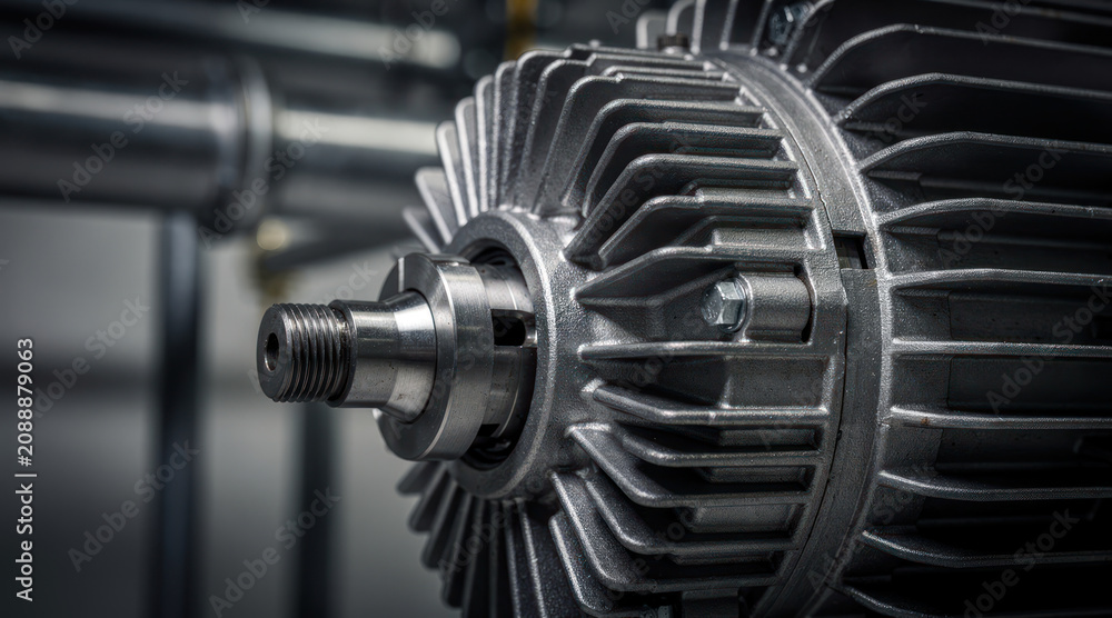 Fototapeta premium Close-up of an industrial electric motor with metal casing shaft and fins