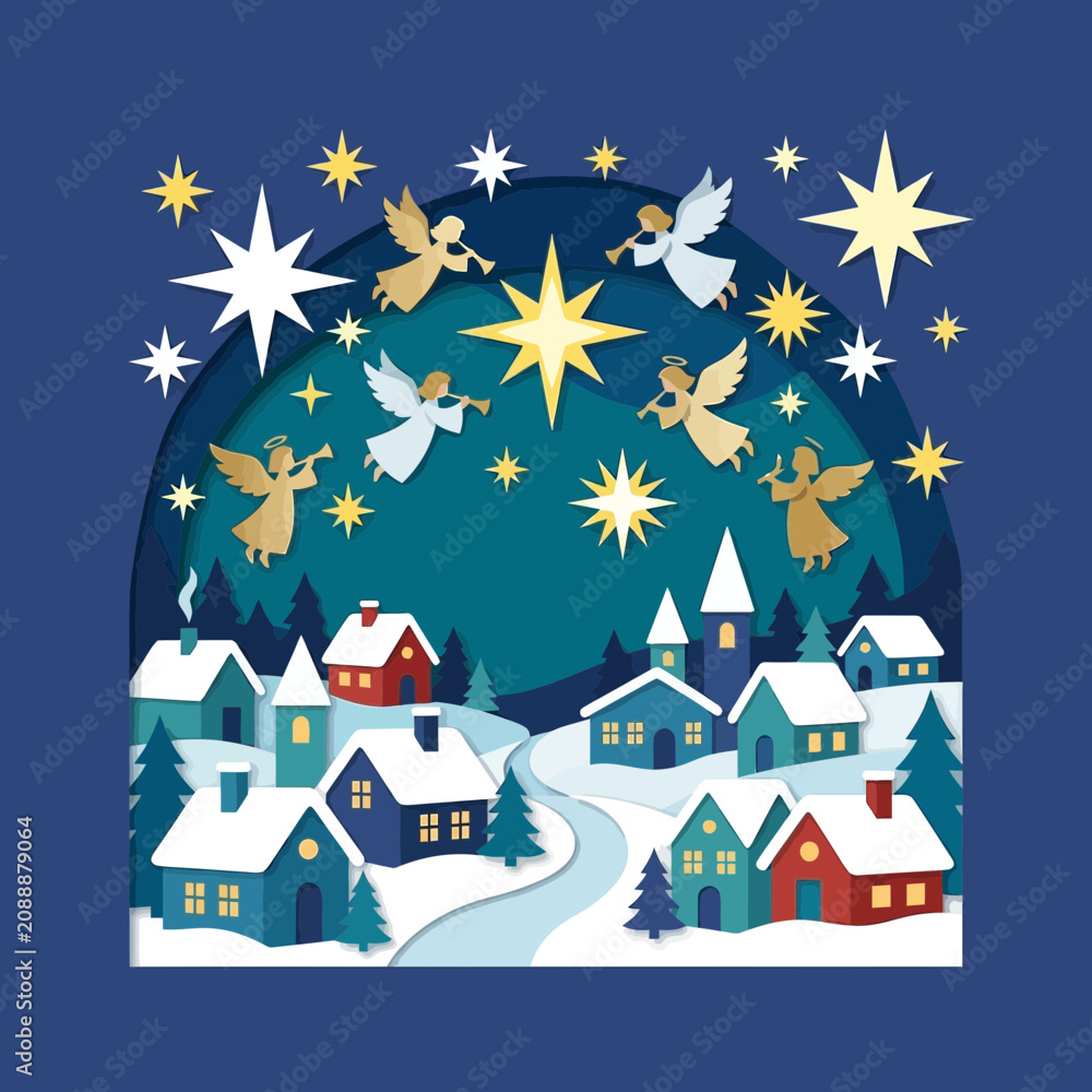Obraz premium Angels Announcing Christmas Village Under Starry Sky
