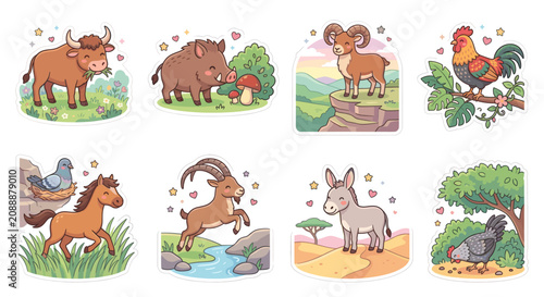 Canvas Print Cartoon animals in diverse scenic habitats.