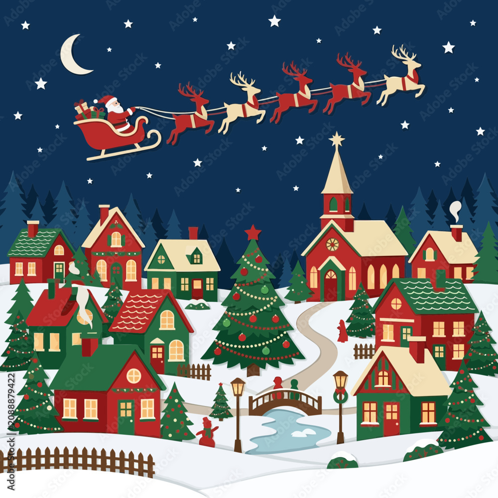 Fototapeta premium Santa Claus flying sleigh over snowy village, Christmas scene
