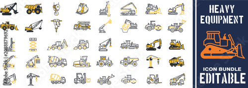 Fotografie Heavy equipment icons set featuring construction vehicles excavator bulldozer cr