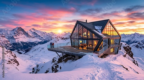 Modern Glass and Steel Chalet in Snowy Mountain Landscape at Sunset with Warm Light