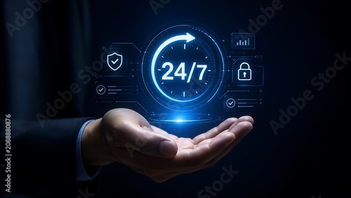 Hand holding a glowing 24/7 service icon with digital security shields and checkmarks representing continuous and safe technical support.