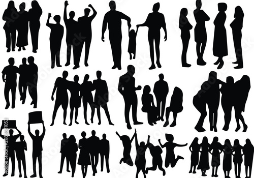 Set of diverse people silhouettes in various social activities and group gatherings for design projects