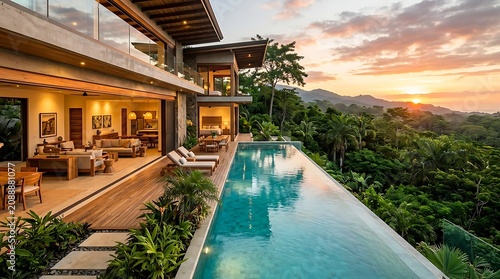Modern luxury villa with infinity pool overlooking tropical sunset landscape at dusk