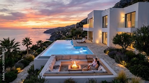 Luxury Infinity Pool Overlooking Ocean Sunset with Modern Villa and Fire Pit