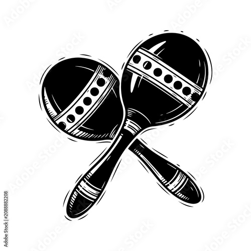 Black and White Illustration of Two Crossed Maracas.
