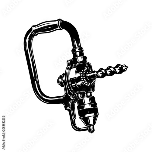 Vintage Hand Crank Drill with Auger Bit Illustration.
