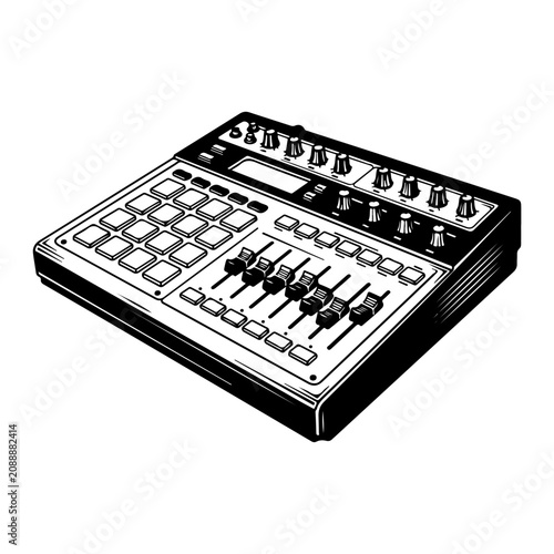 Vintage Drum Machine Music Production Equipment Illustration.