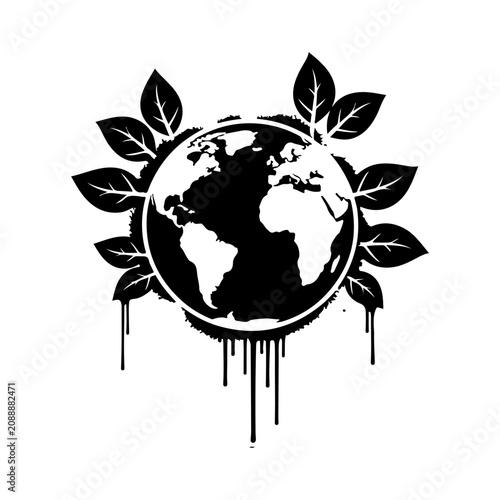 Stylized Earth with Leaves and Dripping Paint Effect.