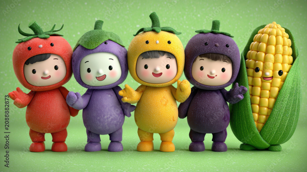 Fototapeta premium Cute Vegetable Characters Standing Together in a Line