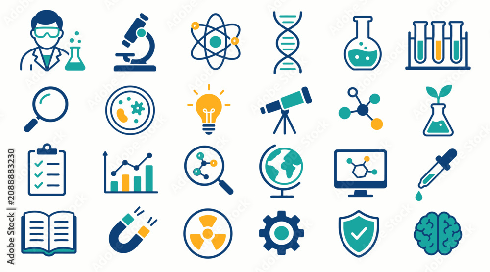 Fototapeta premium Colorful flat icons representing science and technology concepts.