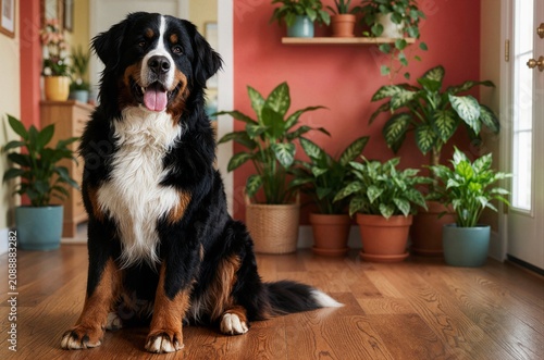 Happy Bernese Mountain Dog sitting on wooden floor in room full of green plants ideal for pet friendly lifestyle branding
