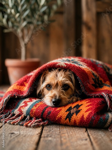 Scruffy Terrier Dog Hiding under Native American Style Wool Blanket on Wooden Floor for Pet Products Marketing and Banner Ad