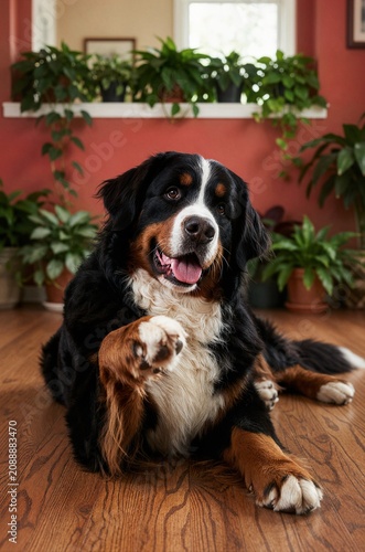 Bernese Mountain Dog Shaking Paw While Lying on Hardwood Floor for Pet Training Marketing and Advertising