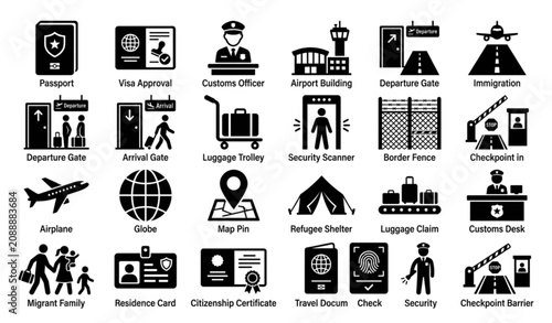 Foto Immigration Border Control Glyph Icon Collection Black Vector Illustration