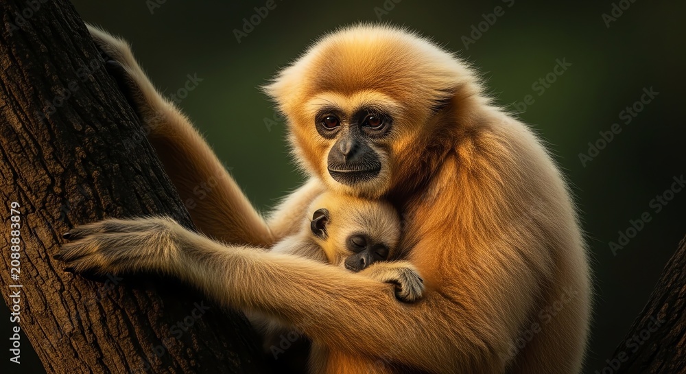 Fototapeta premium A heartwarming scene unfolds as a gentle mother gibbon tenderly embraces her adorable infant, both perched amidst the lush greenery of their natural arboreal habitat, showcasing a profound