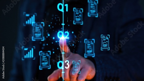 Business professional using digital hologram technology for quarterly finance data