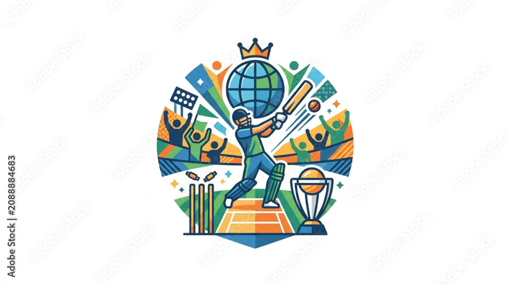 Fototapeta premium Colorful cricket player illustration with global theme.