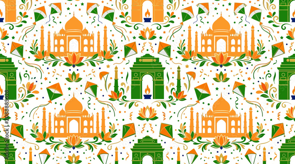 Naklejka premium Seamless vector pattern featuring traditional cultural monuments kites and lotus flowers