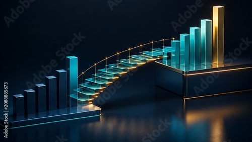 3D glass stairs bridging a gap between bar charts representing business growth financial success and overcoming market challenges.