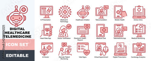 Digital Healthcare Telemedicine Icon Pack Featuring Medical Ai Technology, Healthcare Chatbot, Teleconsultation, Mobile Health, Online Clinic, Health Record, Telemedicine App