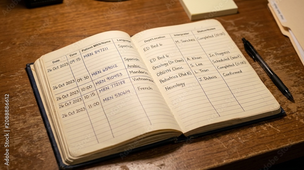 Fototapeta premium Interpreter request tracking log book open on a hospital language services coordinator desk showing handwritten entries - Healthcare and Hospital Stock Photo