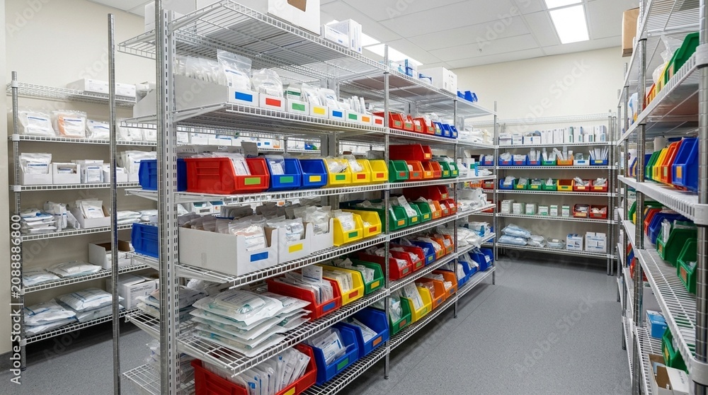 Fototapeta premium Supply room with wire shelving stocked with organised medical consumables and colour-coded bin labels - Healthcare and Hospital Stock Photo
