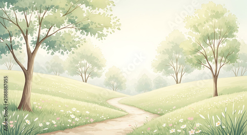 Gentle winding path through sunlit green hills with scattered wildflowers and trees trail road dirt