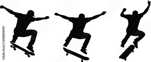 Cuadro en lienzo Skateboarder silhouettes performing tricks, ollie kickflip motion sequence, blac