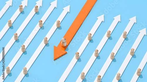 Downward Orange Arrow Moving Against Upward Trend Representing Market Disruption or Contrarian Strategy