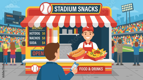 Colorful Stadium Snack Stand Cartoon Illustration.