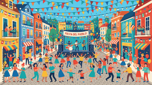 Colorful Street Festival Celebration With Dancing Crowd.