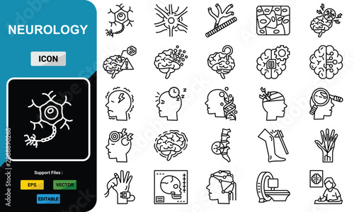 Neurology and Neuroscience Medical Outline Icons for Brain Health, Diagnosis and Nervous System. Vector Illustration with Editable Strokes