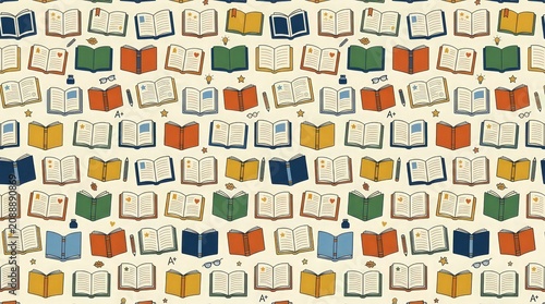 Educational seamless background with colorful hand-drawn books and icons
