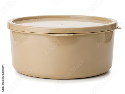 Beige plastic food storage container with a lid isolated on white background