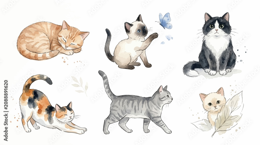 Fototapeta premium Six cats play with a butterfly in a garden