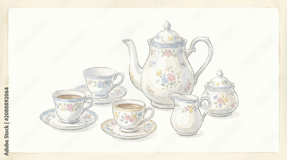 Fototapeta premium A delicate floral tea set with two cups and saucers, creamer, sugar bowl, and teapot on a table.