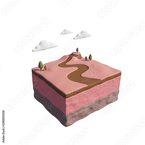 Cross-section of land with river and clouds