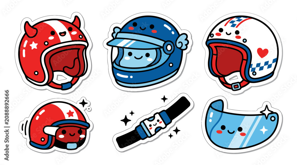 Fototapeta premium Cute Kawaii Helmets and Visor Stickers Set