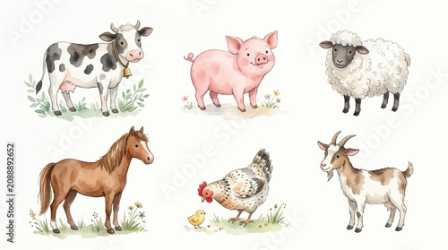 Cuadro en lienzo A colorful illustration of farm animals including cow, pig, sheep, horse, chicken, and goat
