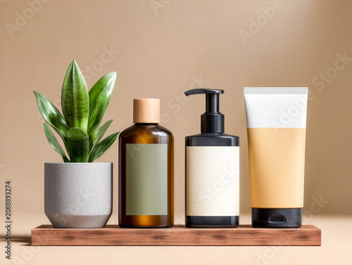Natural Skincare Product Set with Amber Bottle Pump Dispenser and Cream Tube on Wooden Tray for Cosmetics Branding