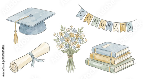 Foto Graduation ceremony with cap, diploma, books, and congratulatory banner