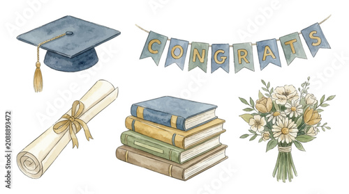 Quadro su tela Graduation celebration with cap diploma books bouquet and congratulatory banner