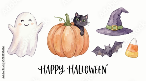 Obraz na plátně Halloween celebration with ghost, black cat on pumpkin, witch hat, bats, and candy corn