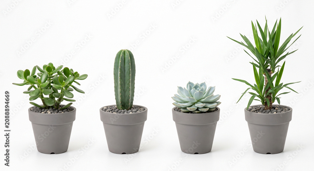 Fototapeta premium Collection of Succulent, Cactus and Indoor Houseplants in Pots Isolated on White Background