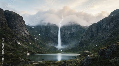 Stunning tall waterfall flowing down from high rocky mountains into a calm lake in a remote wilderness landscape