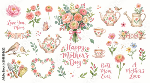 Canvastavla A vibrant collection of Mother's Day themed illustrations featuring flowers, teapots, and heartfelt messages