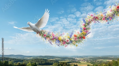 White dove flying in the blue sky leaving a trail of colorful spring flowers and petals