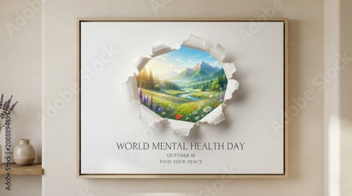 World mental health day poster with a peaceful green nature landscape illustration in a modern room frame